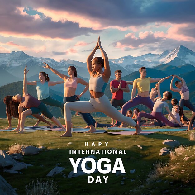 Photo international yoga day celebration banner or poster template design with vector illustration