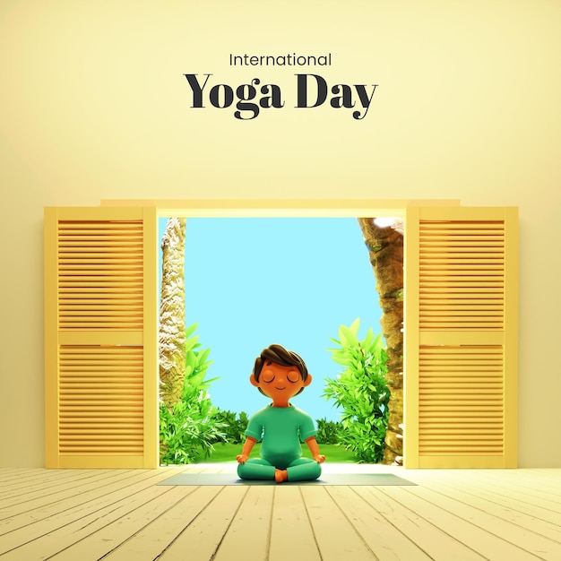 Photo international yoga day social media post or template design with 3d young boy meditating at nature view and open door yellow background