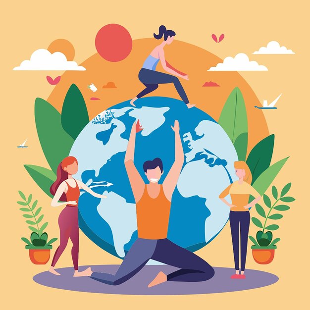 international yoga day text sunrise background with world globe vector illustration