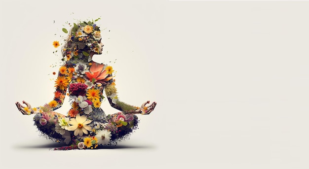 Международный день йоги, женщины, сделанные с цветами, сидящие в позе йоги, генеративный искусственный интеллект