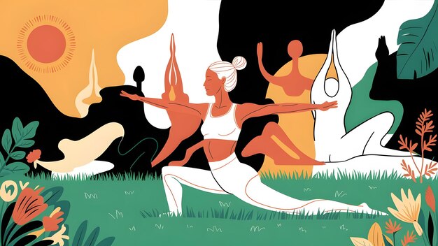 Photo international yoga day yoga body posture woman practicing yoga vector illustration design