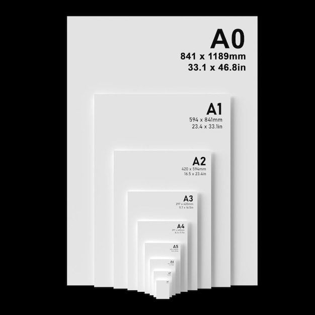 Foto internationale a-serie papierformaatformaten van a0 tot a8 zwarte tekst gedrukt op wit gestructureerd papier