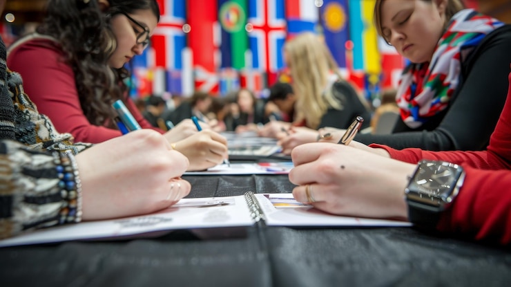 Foto internationale afgevaardigden schrijven briefjes met verschillende wereldvlaggen op de achtergrond