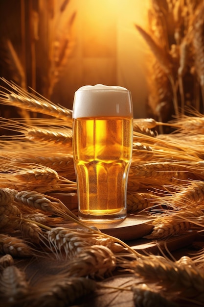 Internationale bierdag achtergrond Een glas bier omgeven door tarwe en grove granen