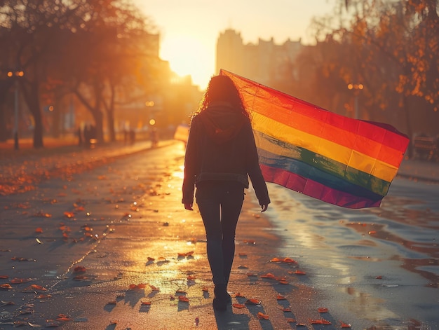 Internationale Dag tegen Homofobie Transfobie en Biphobie vrouw met LGBTQ vlag