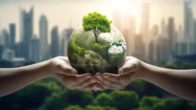 Internationale Dag van de Bossen concept handen die boom en aarde globus achtergrond