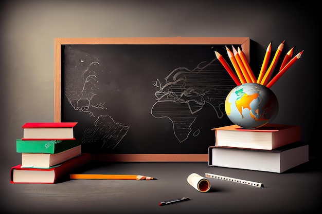 Internationale dag van het onderwijs thema achtergrond met schoolbord potlood boeken Dag van het onderwijs