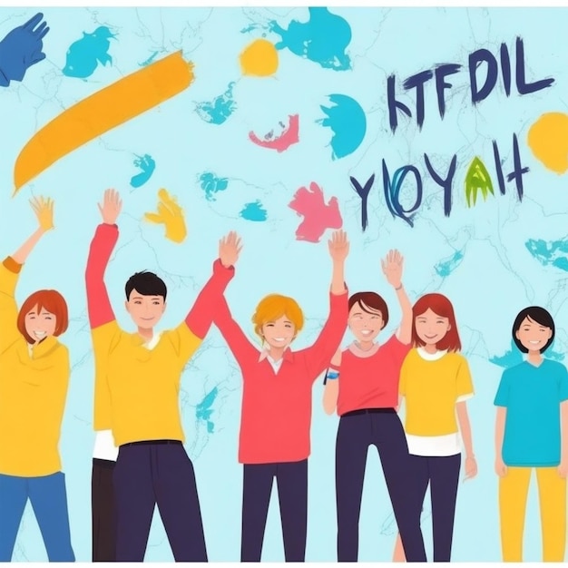 Foto internationale jeugddag achtergrond met het heffen van handen samenwerking en viering