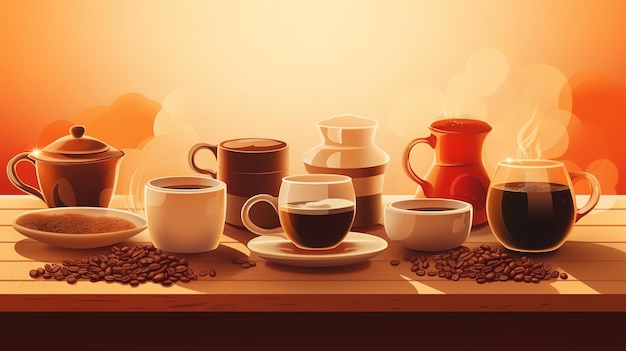 Internationale koffiedag-achtergrond genereert cartoonillustraties van koffie en coffeeshopAI-geslachten