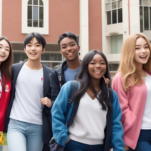 Internationale Studentendag Lachende universiteitsstudenten voor het collegegebouw