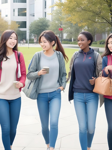 Internationale Studentendag Lachende universiteitsstudenten voor het collegegebouw