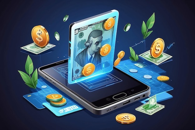 Internationale valutaoverdrachtsbetaling via een smartphone met behulp van een smartphone Vectorillustratie van het geldconcept