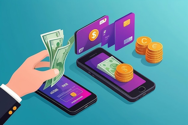 Internationale valutaoverdrachtsbetaling via een smartphone met behulp van een smartphone Vectorillustratie van het geldconcept