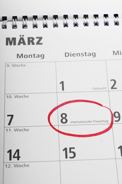 Internationaler Frauentag or international women's day on March 8 circled in german calendar