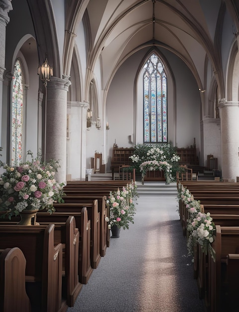 interne afbeelding van een kerk die is voorbereid voor een bruiloft of een religieuze gebeurtenis