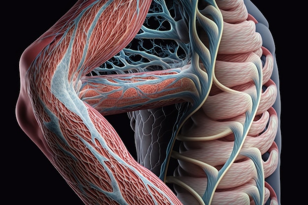 Interne structuur van het lichaam met spiervezels van armclose-up gemaakt met generatieve ai