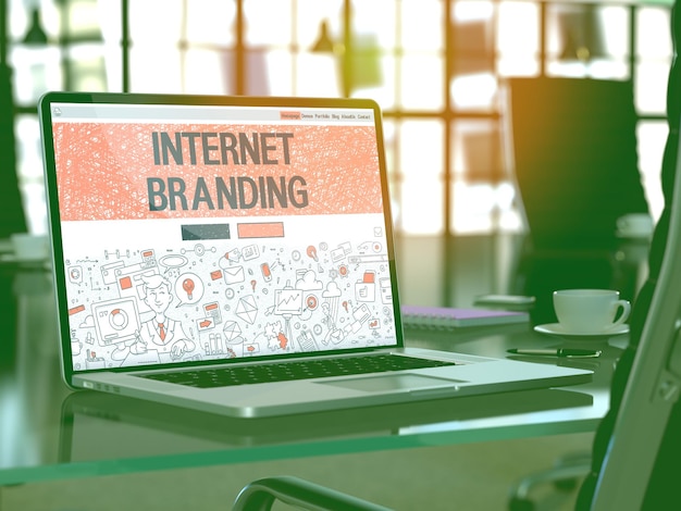 Internet Branding Closeup Landing Page in Doodle Design Style on Laptop Screen On Background of Comfortable Working Place in Modern Office Toned Blurred Image 3D Render