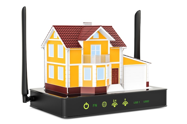 Internet connection concept Computer cloud with houses 3D rendering