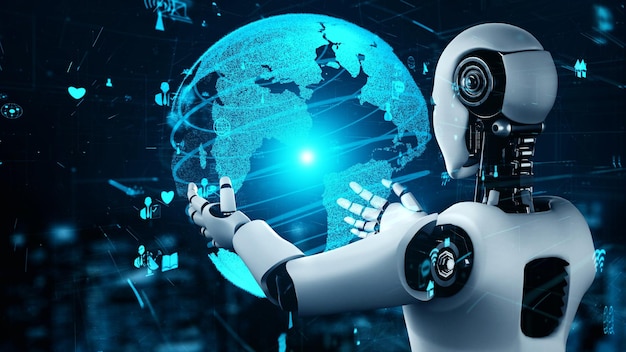 Internet connection controlled by AI robot huminoid and machine learning process