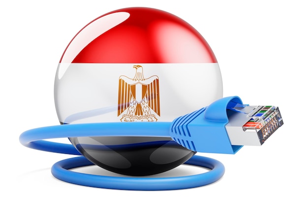 Foto connessione internet in egitto cavo lan con la bandiera egiziana rendering 3d