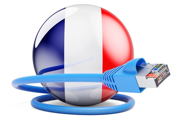 フランスでのインターネット接続フランスの旗の 3 D レンダリングと Lan ケーブル