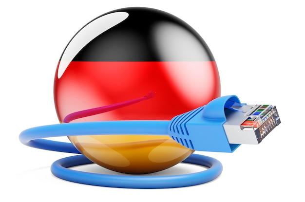ドイツのインターネット接続 Lan ケーブルとドイツの国旗 3 D レンダリング
