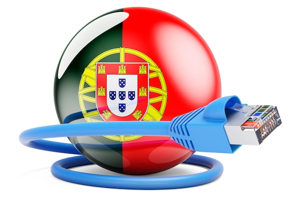写真 ポルトガルのインターネット接続 ポルトガル国旗の 3 d レンダリングを備えた lan ケーブル