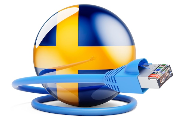 Internet connection in Sweden Lan cable with Swedish flag 3D rendering