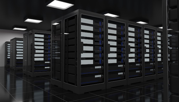 Internet data center room with server and network device in rack cabinet cloud data storage