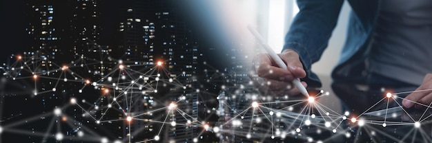 internet global network connection digital technolgy background business man using digital tablet computer with big data and internet networking smart city background global business data exchange