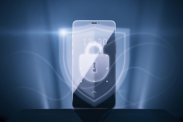 Фото Концепция взлома интернета и защиты данных с цифровым щитом со знаком замка внутри на фоне современного мобильного телефона с двойной экспозицией 3d-рендеринг