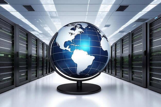 Internet or Information technology conceptual image With a globe placed in front of computer server cabinets