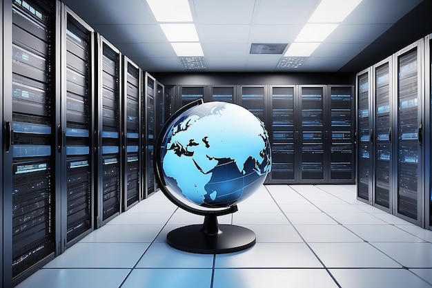 Internet or Information technology conceptual image With a globe placed in front of computer server cabinets