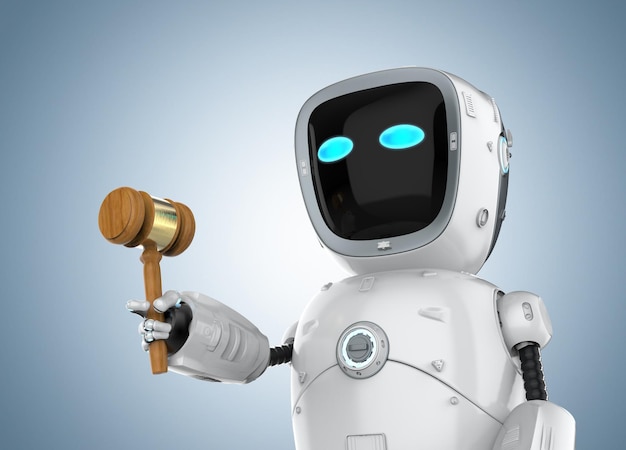 Internet law concept with 3d rendering assistant robot hold gavel judge