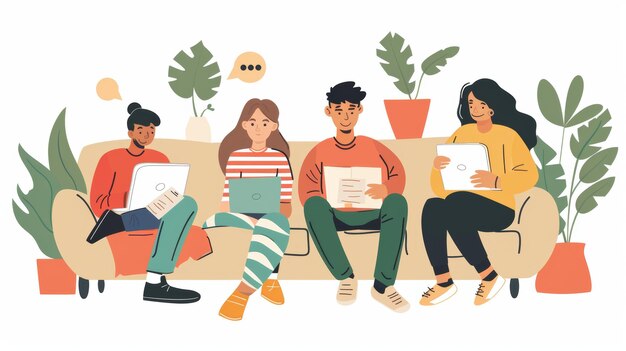 An Internet lecture is being watched by students Homeschooling characters in flat design style Modern illustration in minimal flat design style