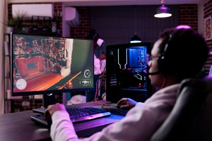 Photo internet male blogger broadcasting live video games play on pc, having fun with online game championship tournament on stream. virtual gamer playing esport competition at desk with neon lights.