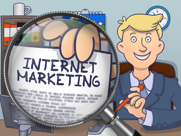 Photo internet marketing through magnifier doodle concept