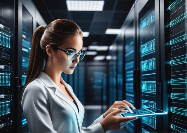 Интернет-сеть и кибербезопасность центра обработки данных Инженер обработки данных, использующий биометрическую технологию