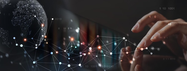 internet network technology digital software development future tech background iot concept man using digital tablet and laptop with global network connection computer code