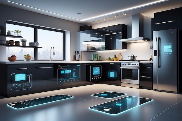 Internet of Things Concept Moderne keuken vol hightech keukenapparatuur met IOT