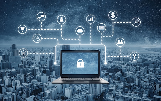 Internet and online network security system. Laptop computer with lock icon on screen and application programming interface icon