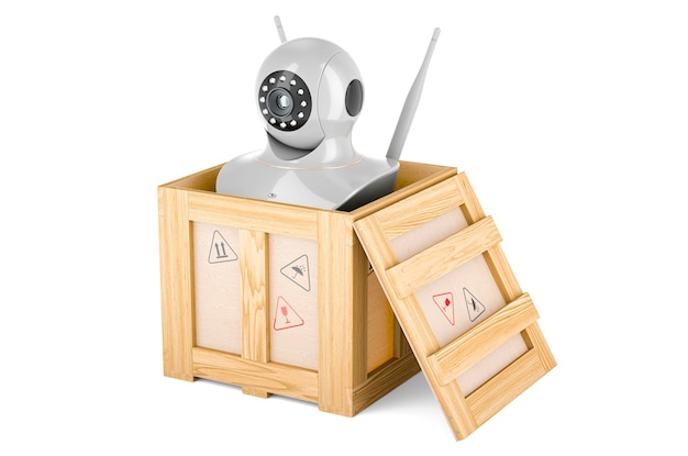 Internet Protocol camera in houten kist levering concept 3D-rendering