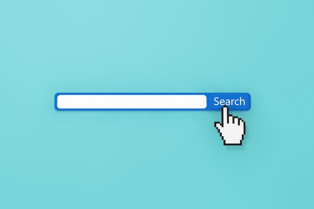 Значок панели поиска в Интернете с пиксельной рукой на синем фоне. 3d рендеринг