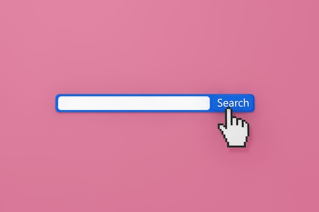 Значок панели поиска в Интернете с пиксельной рукой на розовом фоне. 3d рендеринг