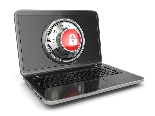 Sicurezza internet. computer portatile e serratura di sicurezza. 3d
