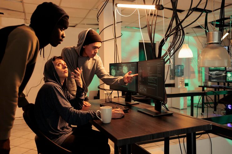 Photo internet technology security specialists team fixing computer system cyberattack, developers coding antivirus program script. diverse coders programming cybersecurity app at night time