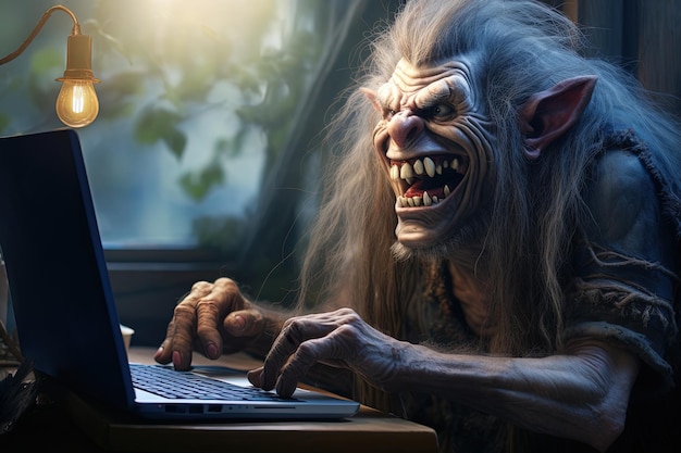 Internet troll or cyberbully posting hate speech comments on online message boards with evil mischievous laugh ai generated concept