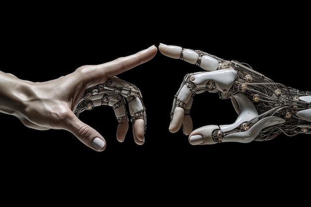 Interpretatie van de 39Schepping van Adam 39 met een menselijke hand en robotvingers die naar elkaar toe reiken