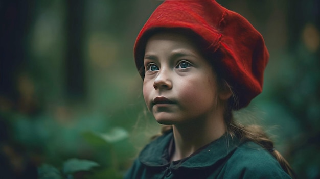 Interpretatie van een sprookjesmeisje in een rode hoed, de achtergrond is een oud gevaarlijk bos. Fantasy concept. AI gegenereerd.