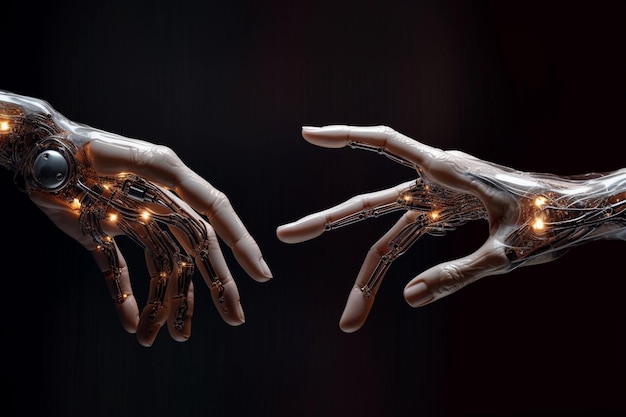 Interpretation of the 39Creation of Adam 39 with a human hand and robotic fingers reaching towards each other